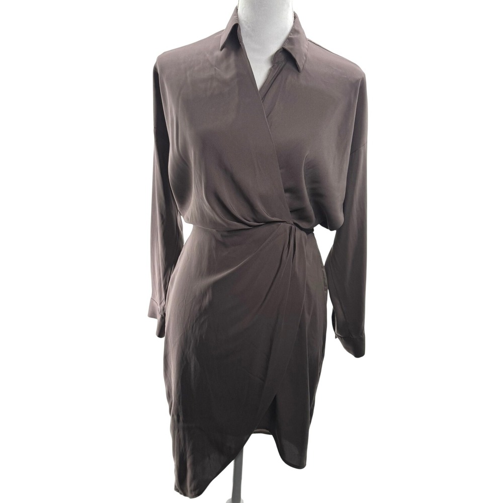 Express Portofino Dress Women S Brown Faux Wrap Long Sleeve Corporate Chic Work
